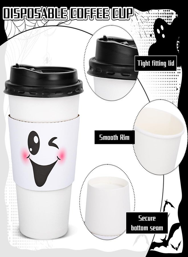 وولاين مجموعة أكواب قهوة ورقية من والين، 48 قطعة، بتصميم أشباح الهالوين، أكواب بيضاء لطيفة بتصميم شبح بو، سعة 16 أونصة، للاستخدام مرة واحدة، مع أغطية وأكمام، مناسبة للمشروبات الساخنة والباردة، لوازم حفلات أعياد الميلاد والعطلات، 4 تصاميم - Image 3